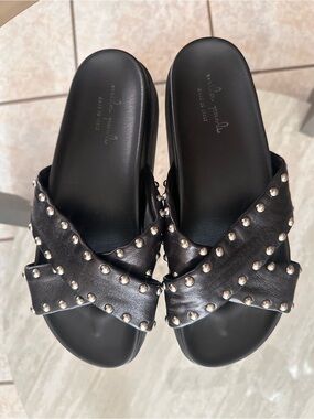 Mila Paoli Black Studded Leather Crisscross Slide Sandals